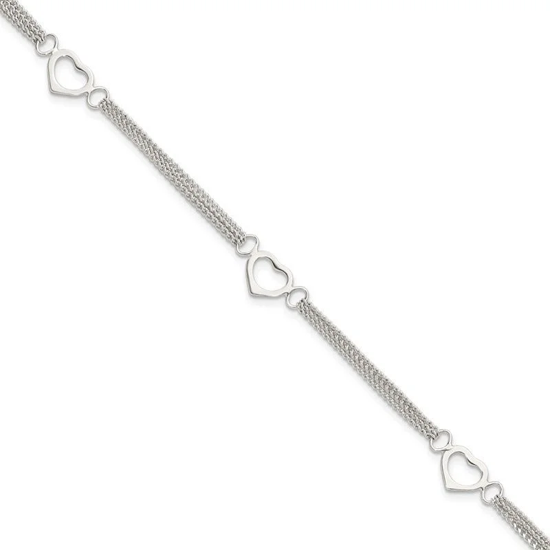 ladies bracelet animal zodiac-Sterling Silver Polished Multi-strand Heart 7in Bracelet