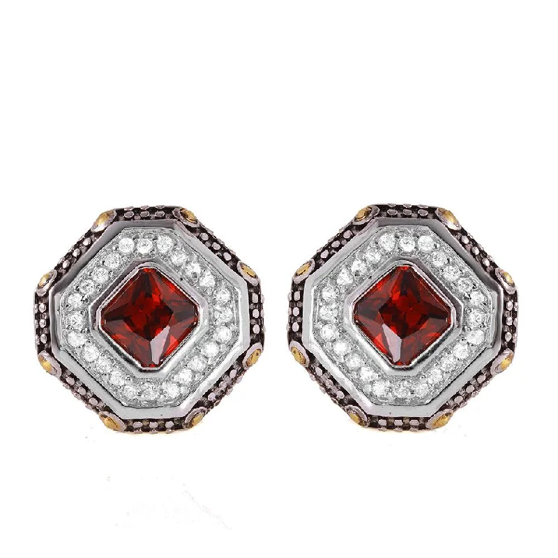 Ladies earrings one-off design earrings-Silver 925 Rhodium Plated Red Cluster Earrings - STE00406RED