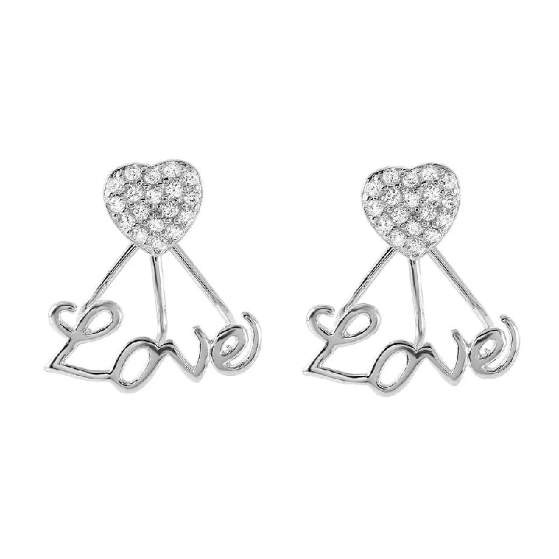 Ladies earrings cushion cut earrings-Silver 925 Rhodium Plated Love Heart CZ Rake Earrings - STE00986