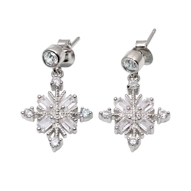 Ladies earrings cushion cut earrings-Rhodium Plated 925 Sterling Silver Drop Snowflake Earrings - BGE00574