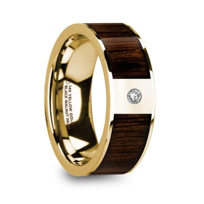 Ladies rings subtle luxury options-Thorsten PANTHERAS 14k Yellow Gold Men’s Wedding Band with Black Walnut Wood Inlay & Diamond - 8mm