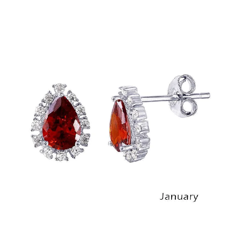 Ladies earrings adjustable fit options-Rhodium Plated 925 Sterling Silver Teardrop Halo CZ Birthstone Earrings January - STE01027-JAN