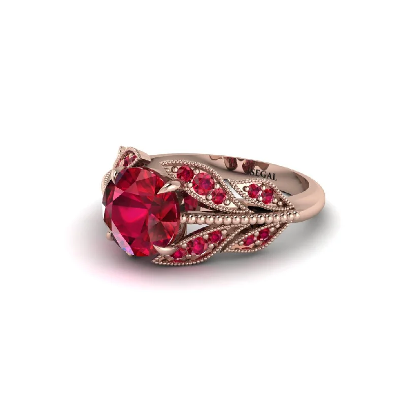 Ladies engagement rings care tips-Ruby Majestic Leaf Gold Engagement Ring - Makenna No. 56