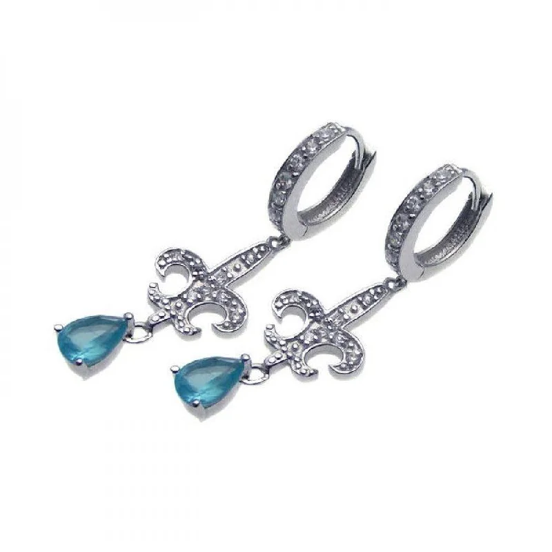 Ladies earrings antique style designs-Silver 925 Rhodium Plated Blue Teardrop CZ Fleur De Lis Dangling huggie hoop Earrings - STE00654