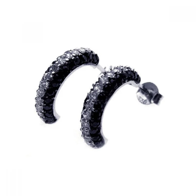 Ladies earrings mid-century modern looks-Silver 925 Black and Silver Rhodium Plated Crescent CZ Semi-huggie hoop Earrings - STE00584