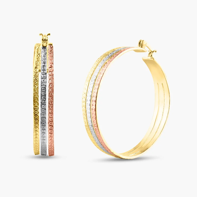 Ladies earrings beaded accent designs-Silver 925 Gold and Silver and Bronze Rhodium Plated CZ Hoop Earrings - STE00463