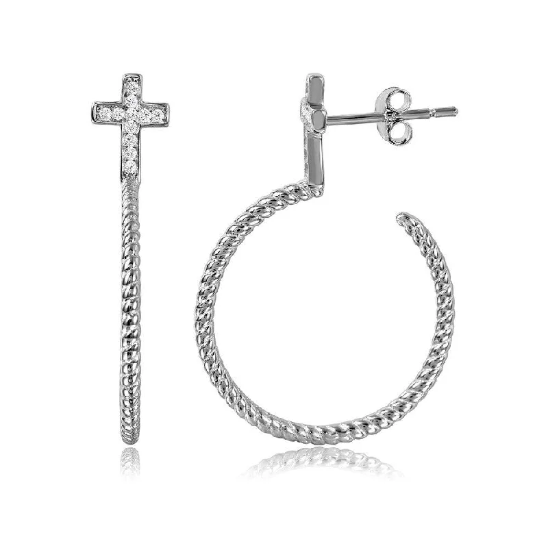 Ladies earrings nameplate style earrings-Silver 925 Rhodium Plated Rope Designed Semi Hoop Earrings on a CZ Cross - STE01059