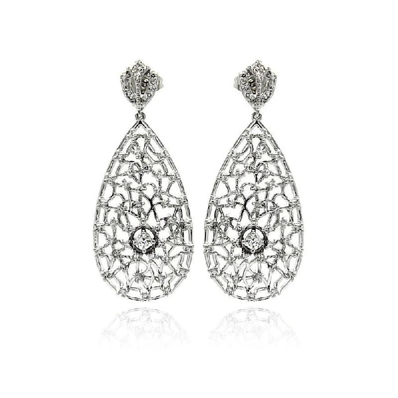 Ladies earrings flat stud earrings-Silver 925 Rhodium Plated Teardrop CZ Dangling Stud Earrings - BGE00255