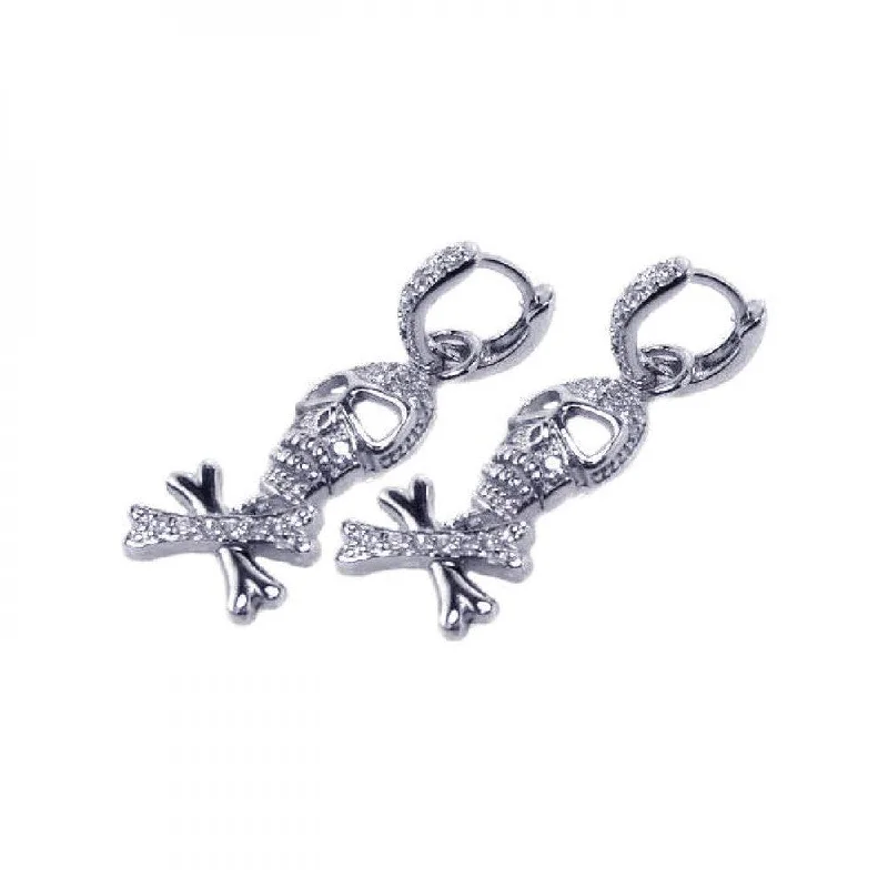 Ladies earrings pure silver styles-Silver 925 Rhodium Plated Bone and Skull CZ Dangling huggie hoop Earrings - STE00205