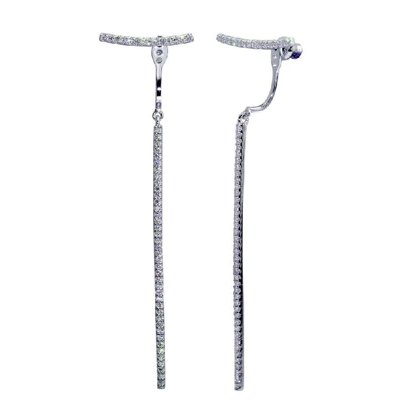 Ladies earrings pure silver styles-Rhodium Plated 925 Sterling Silver Dangling Bar Earrings with CZ - BGE00597