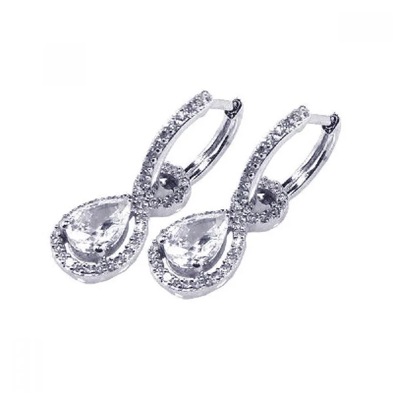 Ladies earrings Korean fashion designs-Silver 925 Rhodium Plated Micro Pave Clear Teardrop CZ Dangling huggie hoop Earrings - ACE00030