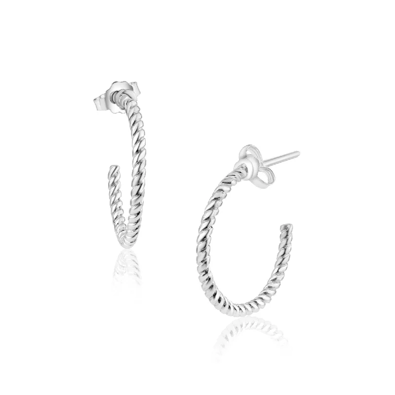 Ladies earrings asymmetrical pair picks-Rhodium Plated 925 Sterling Silver Rope Design Semi Hoop Earring 20mm - STE01347