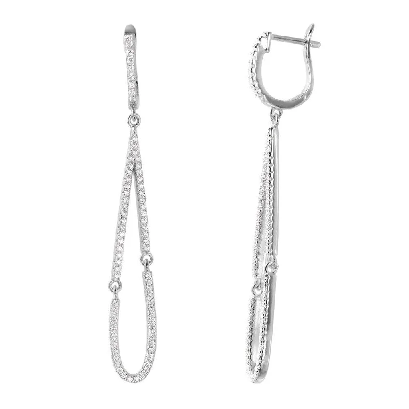 Ladies earrings spring fashion designs-Silver 925 Rhodium Plated Dangling Open Tear Drop CZ huggie hoop Earrings - ACE00098RH