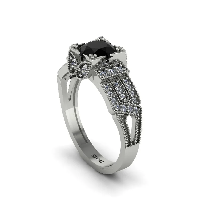 Ladies engagement rings luxurious gemstone-Black Diamond Milgrain Gold Engagement Ring - Lyric No. 9