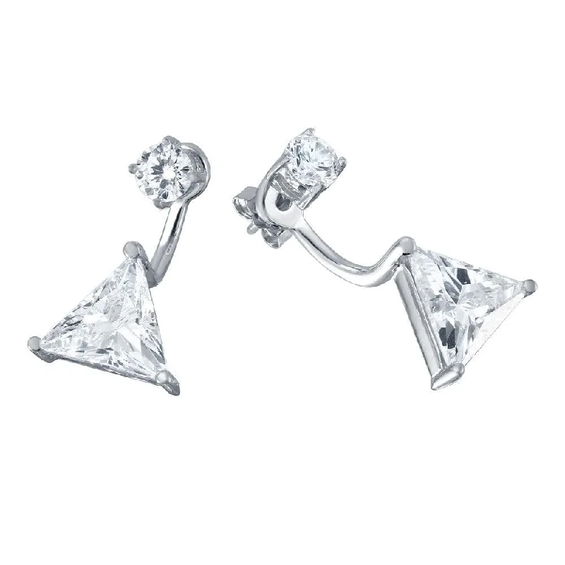 Ladies earrings Thai intricate styles-Silver 925 Rhodium Plated CZ Trilliant Front and Back Earrings - BGE00457