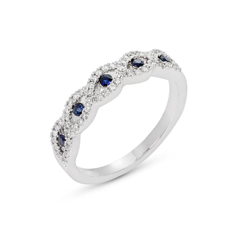 Ladies rings fair trade styles-14k White Gold Blue Sapphire & Diamond Infinity Twist Band