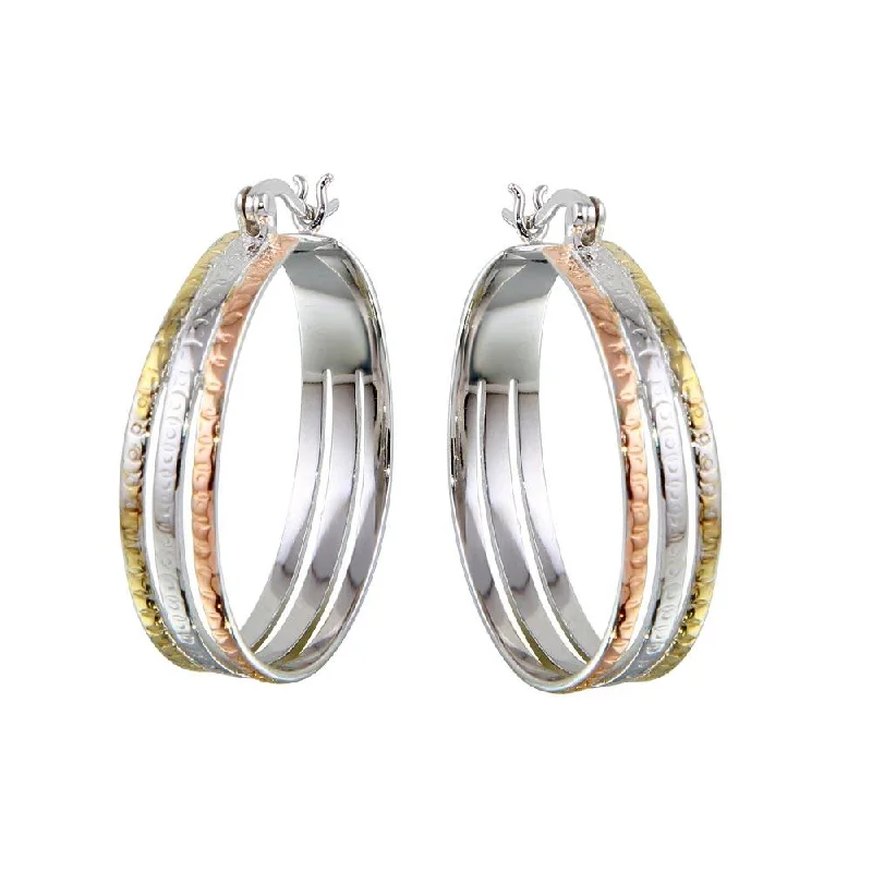 Ladies earrings surrealist style designs-Three-Tone 925 Sterling Silver 3 Hoop Earrings - STE00446