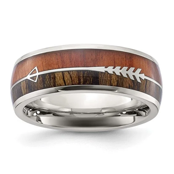 Ladies rings aquamarine blue styles-Stainless Steel Polished with Wood Inlay Arrow 8mm Band