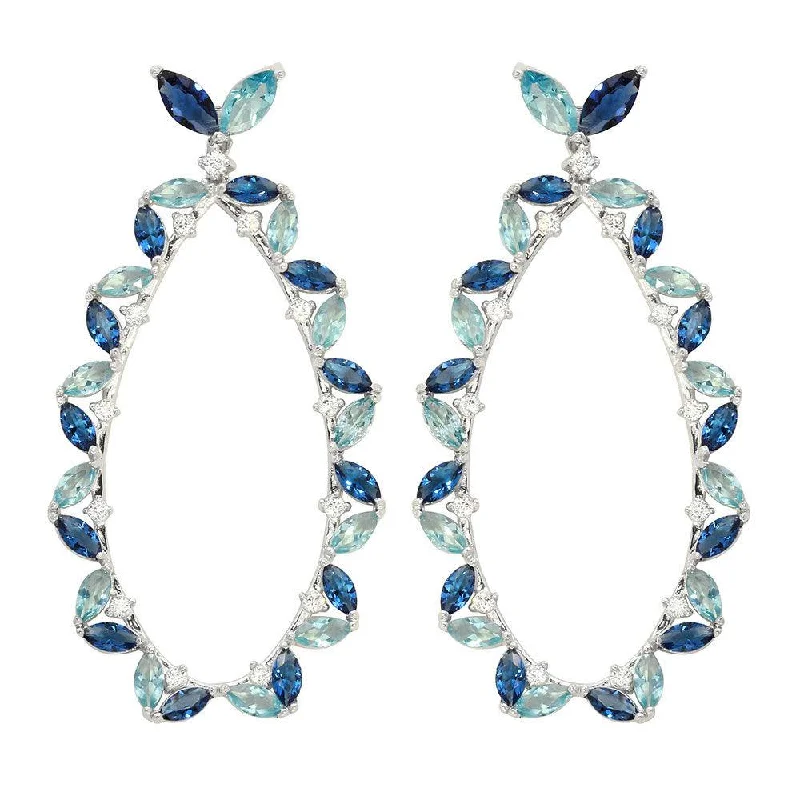 Ladies earrings Halloween theme earrings-Rhodium Plated 925 Sterling Silver Blue CZ Hanging Oval Earrings - GME00103RH-BLU