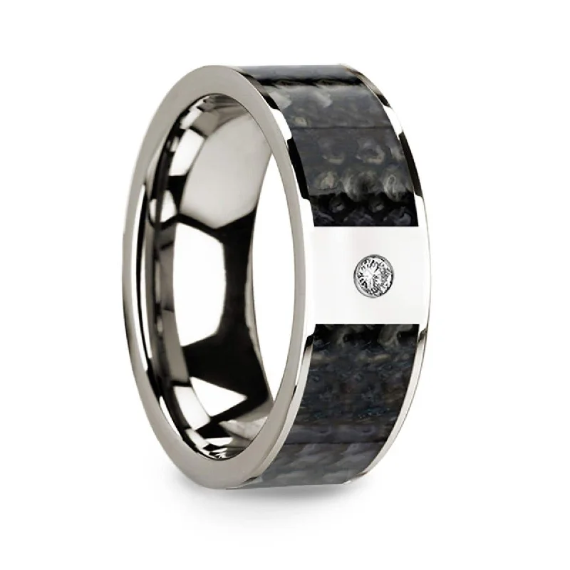 Ladies rings open band patterns-Thorsten Flat 14k White Gold with Blue Dinosaur Bone Inlay & White Diamond Setting - 8mm