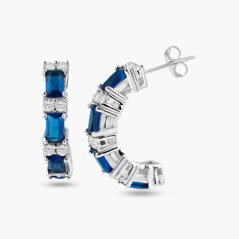 Ladies earrings modern sleek appeal-Silver 925 Rhodium Plated Crescent Blue Baguette CZ huggie hoop Earrings - STE00612