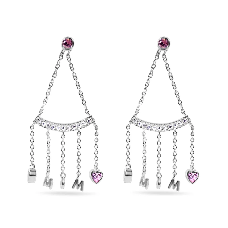 Ladies earrings salt-and-pepper designs-Clearance-Rhodium Plated 925 Sterling Silver Dangling Hearts Mom Earrings - STE00116