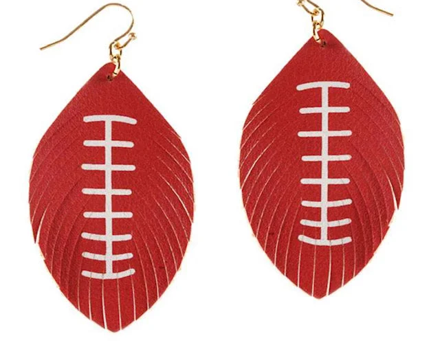 Ladies earrings marquise cut earrings-Feathered Football Leather Sport Earrings White and Red