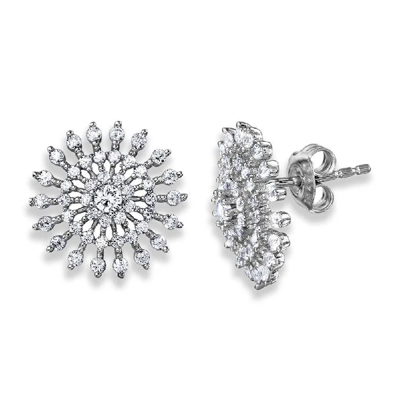 Ladies earrings creative artistic styles-Silver 925 Rhodium Plated CZ Encrusted Sun Earrings - GME00047