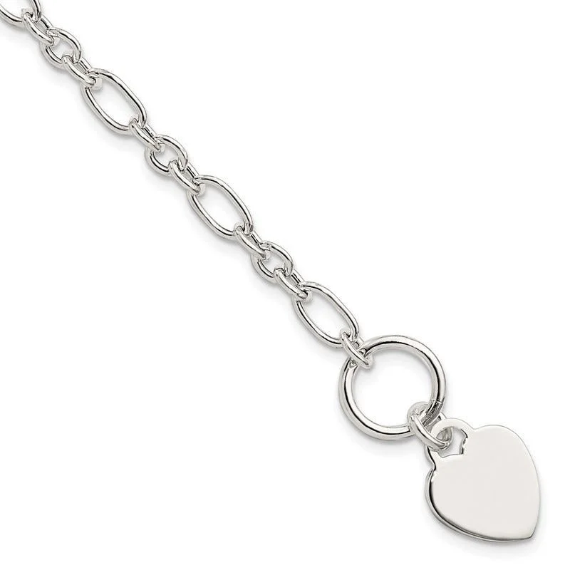 ladies bracelet shell celestial-Sterling Silver Polished Heart Charm Fancy Link Bracelet