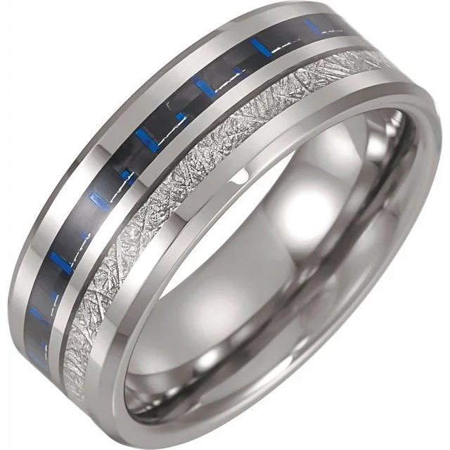 Ladies rings mixed material designs-Tungsten 8 mm Band with Imitation Meteorite and Carbon Fiber Inlay