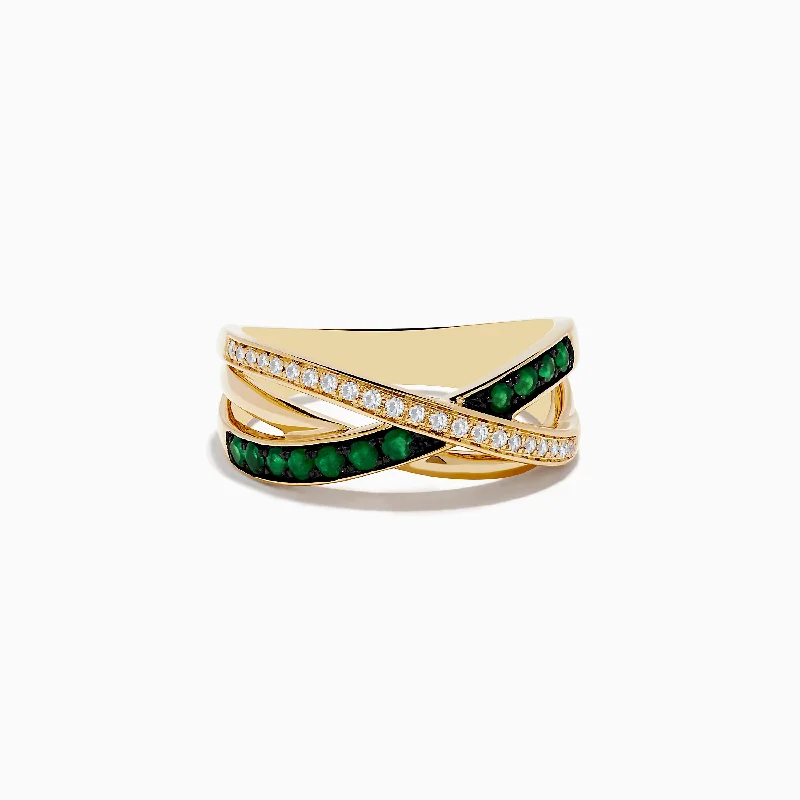 Ladies rings geometric shape styles-14K Yellow Gold Emerald and Diamond Crossover Band