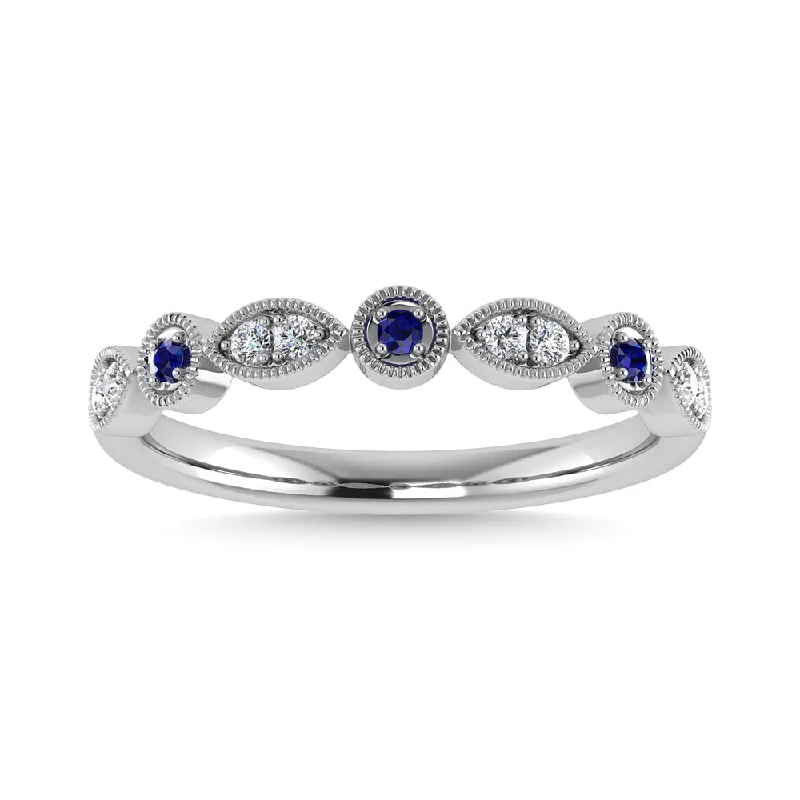 Ladies rings angled cut rings-Diamond 1/8 Ct.Tw. Blue Sapphire Anniversary Band in 10K White Gold