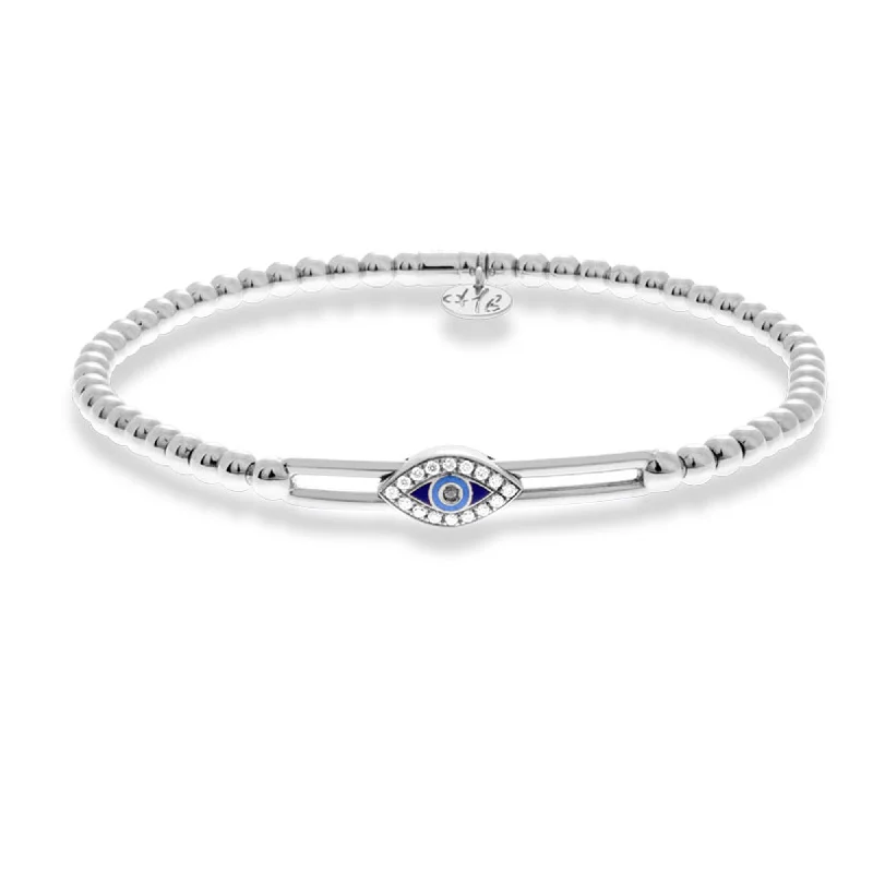 ladies bracelet intricate bar-Hulchi Belluni Evil Eye Stretch Beaded Bracelet 18k White Gold