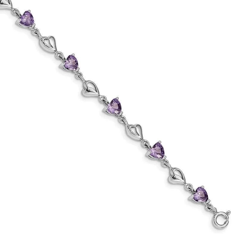 ladies bracelet engraved pave-Sterling Silver Rhodium-plated w/1in ext Purple Crystal Hearts Bracelet