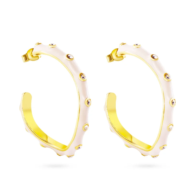 Ladies earrings conflict-free gemstones-Clearance-Gold Plate 925 Sterling Silver White Enamel Clear CZ Hoop Earrings - STE00699