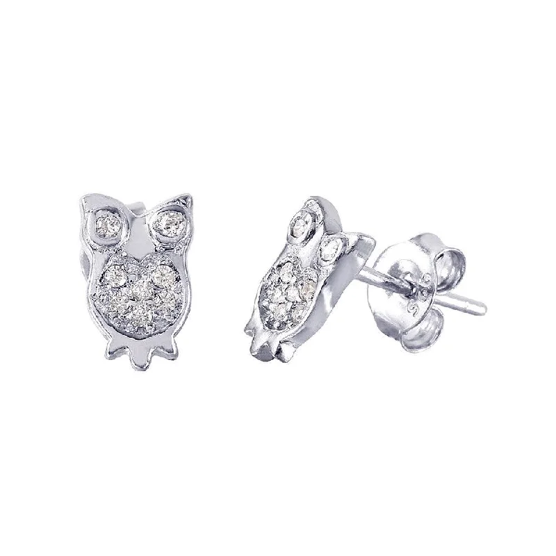 Ladies earrings feather-inspired designs-Silver 925 Rhodium Plated Owl CZ Earrings - STE01015