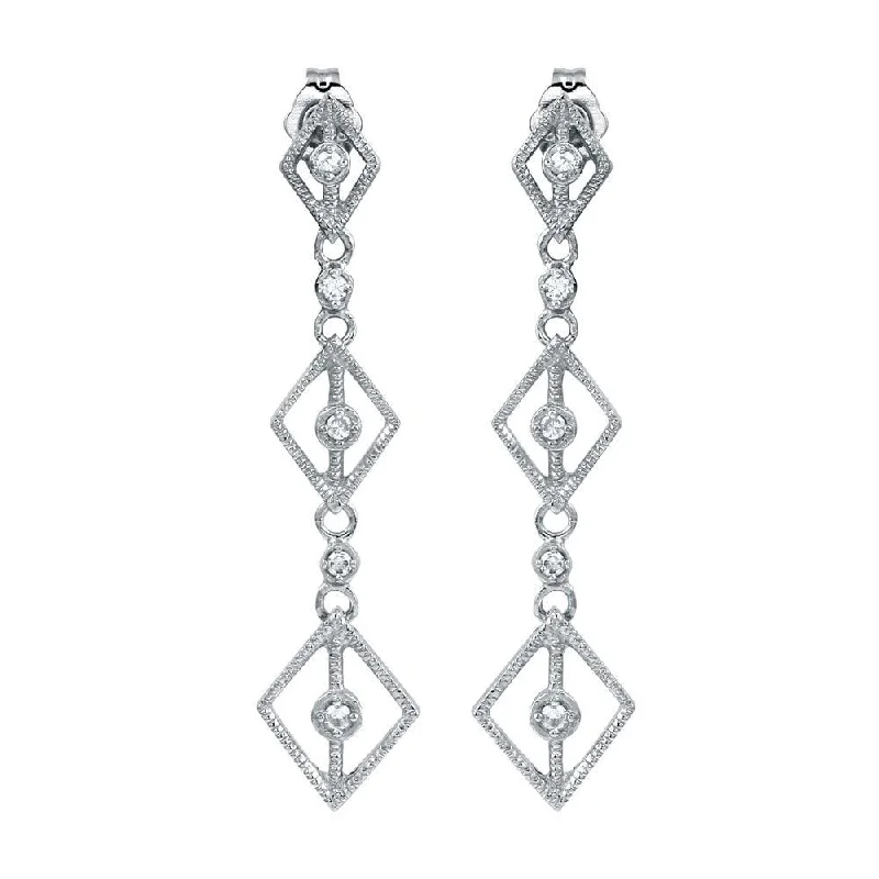 Ladies earrings smart buying advice-Rhodium Plated 925 Sterling Silver Dangling Linked Rhombus Earrings with CZ - ACE00009