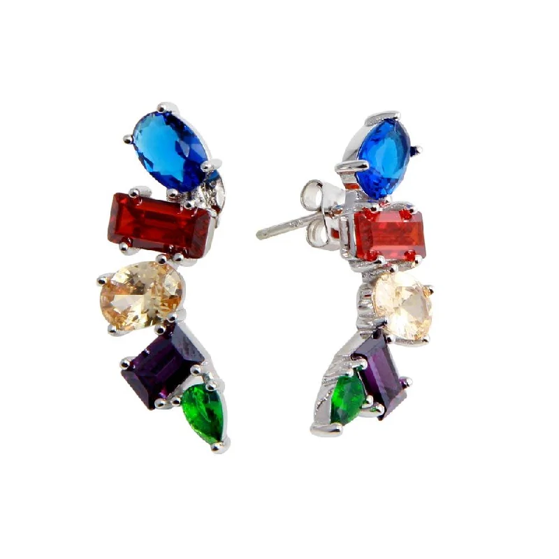 Ladies earrings diamond accent pieces-Rhodium Plated 925 Sterling Silver Multi-Colored and Multi-Shaped CZ Stone Earrings - BGE00612