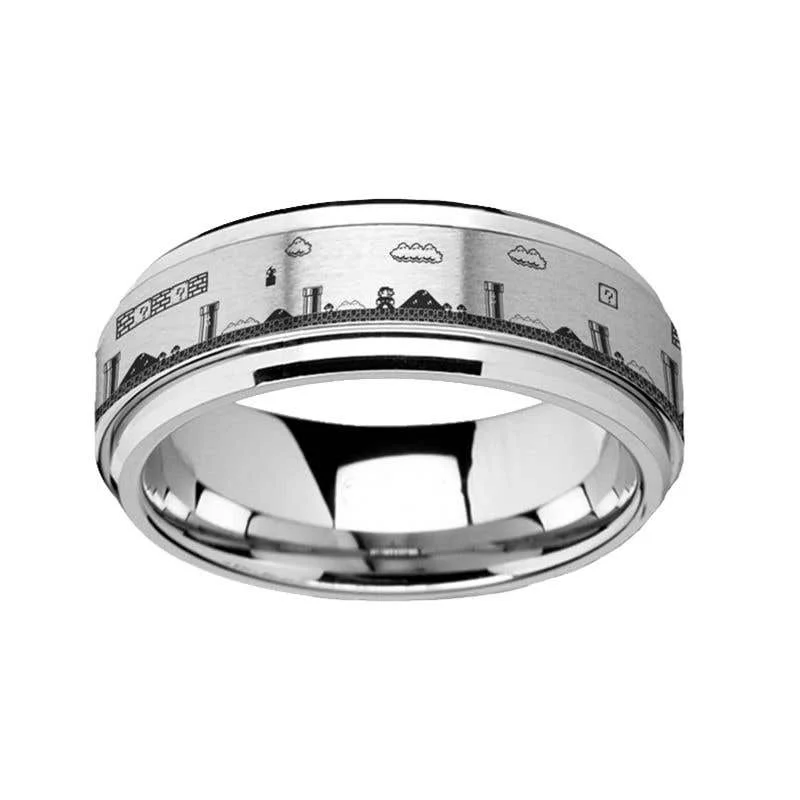 Ladies rings petite charm designs-Thorsten Spinning Engraved Super Mario Bros Pixel Level Game Tungsten Carbide Spinner Band - 8mm