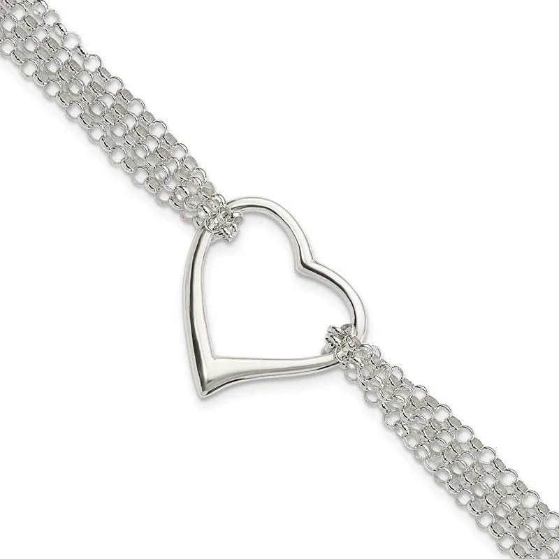 ladies bracelet shell fall-Sterling Silver Polished Multi Strand Heart Bracelet