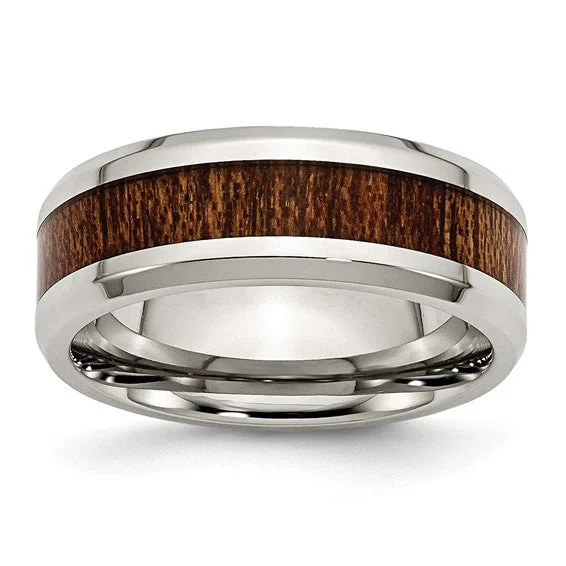 Ladies rings eternity ring picks-Stainless Steel Polished Brown Koa Wood Inlay Enameled 8mm Band