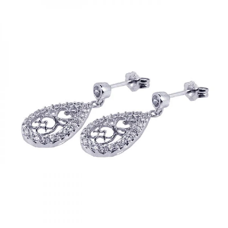 Ladies earrings sustainable jewelry designs-Clearance-Silver 925 Rhodium Plated Micro Pave Clear Filigree CZ Dangling Stud Earrings - ACE00032