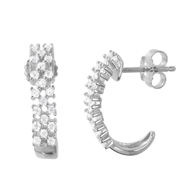 Ladies earrings Korean fashion designs-Silver 925 Rhodium Plated Thin Checkered CZ Semi-huggie hoop Earrings - ACE00081RH