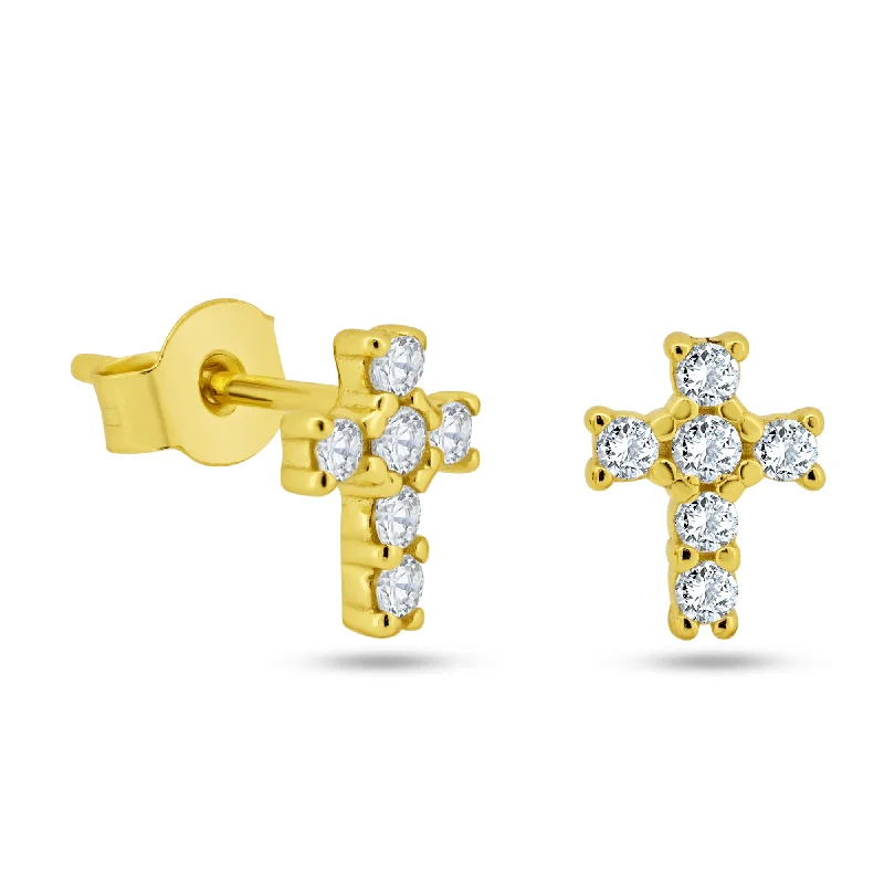 Ladies earrings sunken gem designs-Sterling Silver Gold Plated Clear CZ Cross Earring - STE01365GP