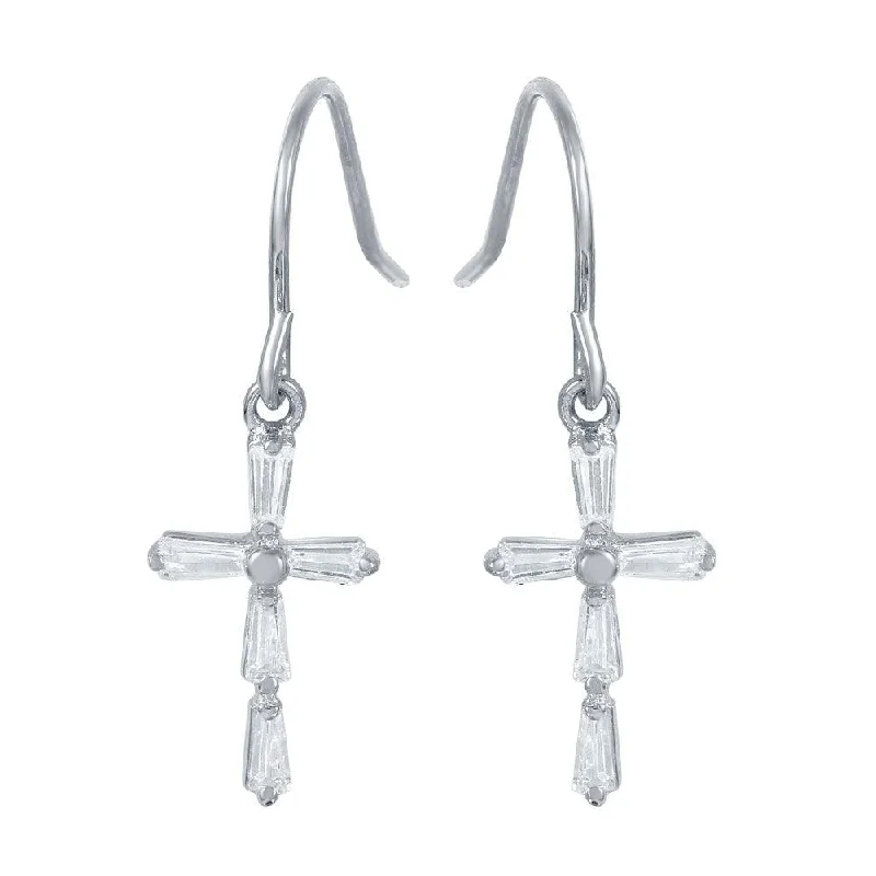 Ladies earrings fabric wrap styles-Silver 925 Rhodium Plated Small Cross Earrings with CZ Baguette Accents - STE00970