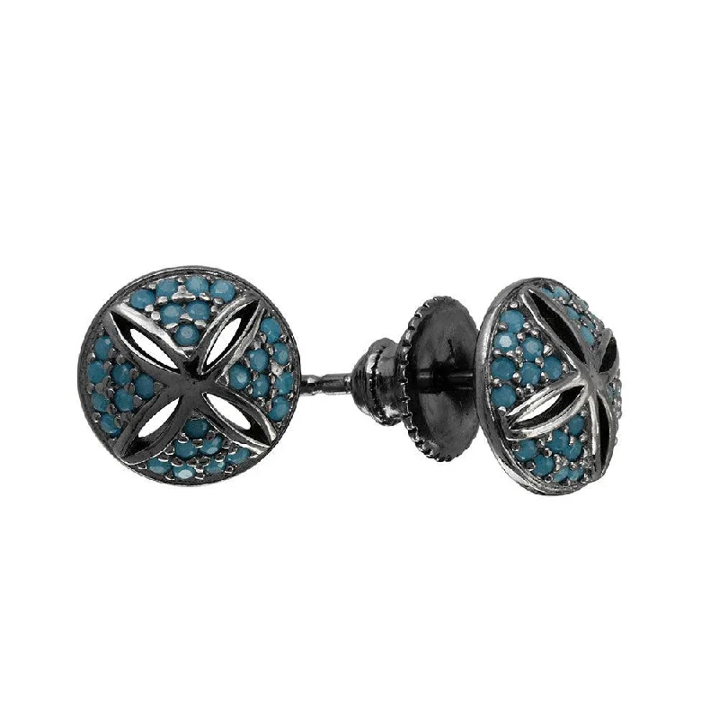 Ladies earrings sun motif designs-Black Rhodium Plated 925 Sterling Silver Cross Cut Out Dome CZ Stud Earrings - GME00080BLK