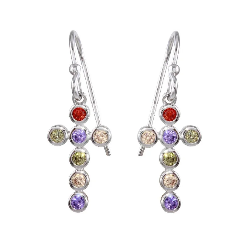 Ladies earrings metallic sheen styles-Rhodium Plated 925 Sterling Silver Multi-Colored CZ Cross Earrings - STE01137