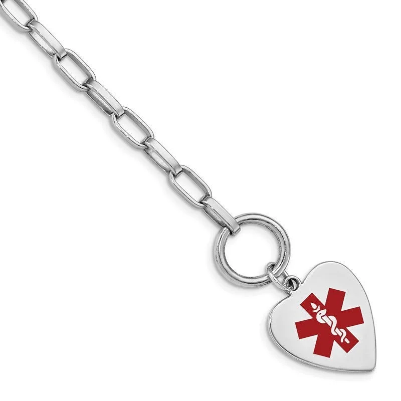 ladies bracelet seasonal hammered-Sterling Silver Rhodium Engraveable Enamel Heart Medical ID Bracelet