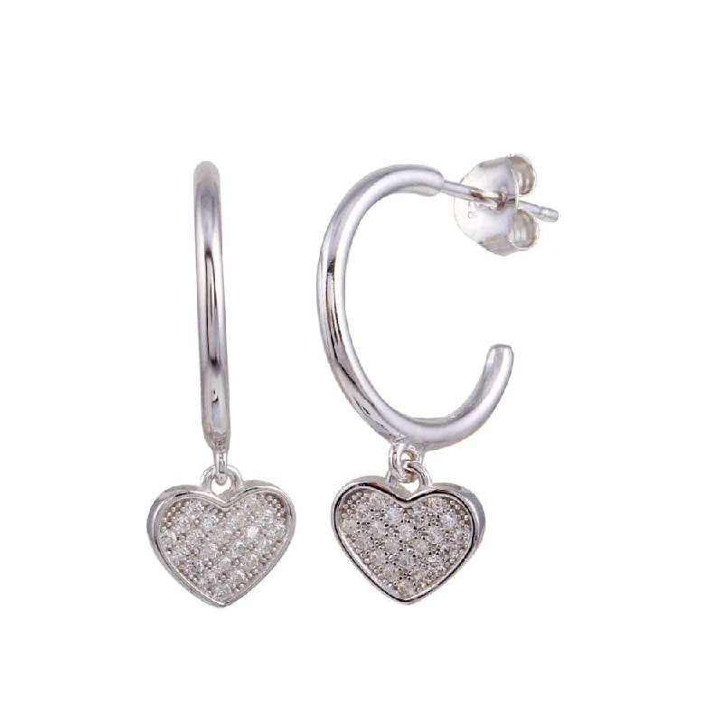 Ladies earrings heavy duty styles-Rhodium Plated 925 Sterling Silver Semi Hoop CZ Heart Shaped Earrings - BGE00636