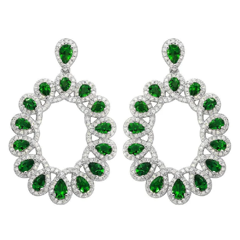 Ladies earrings sci-fi inspired earrings-Rhodium Plated 925 Sterling Silver Open Oval Green and Clear CZ Hanging Earrings - GME00106-GREEN